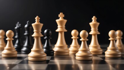 Strategic Chess Pieces on a Board Close up of King Queen and Pawns in a Competition