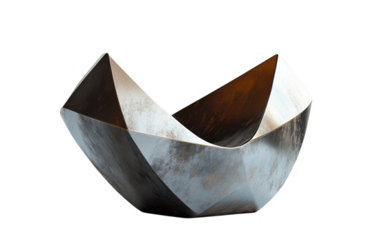 Striking Geometric Metal Bowl Art Abstract Sculpture in Brushed Grey and Brown Tones on a Black Background showcasing unique angular design on transparent background