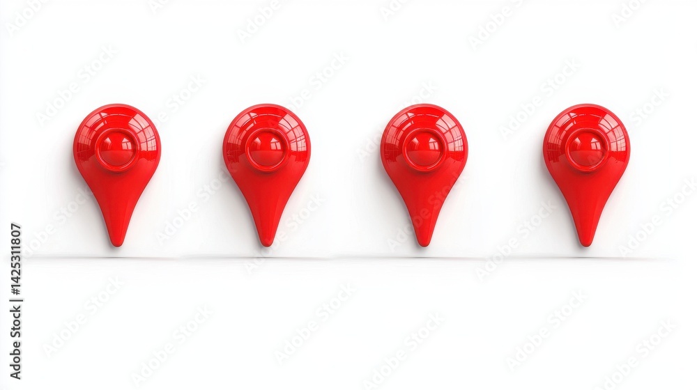 Aufkleber red location pins displayed in a row on a white background