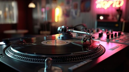 3D Rendering of a Turntable with Vinyl Record and Neon Lights in a Dark Club, Close-Up of Needle and Grooves, DJ Nightlife Concept