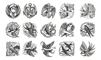 Vintage Tattoo Designs Swallows Anchors and Winged Imagery