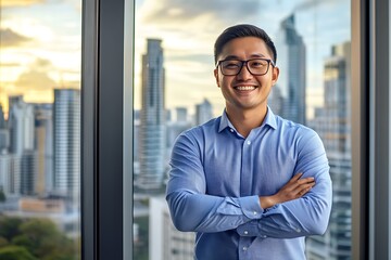 Fototapeta premium Confident man standing by window with cityscape view