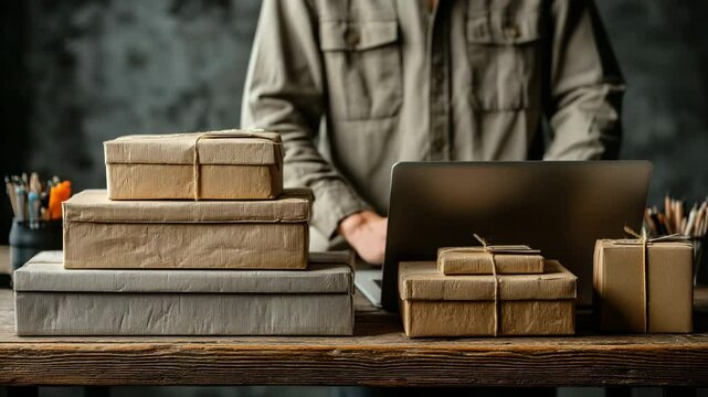 A man wearing a shirt is seen using a laptop and stacking cardboard boxes on a table, suggesting that this is a home workplace or small business. 