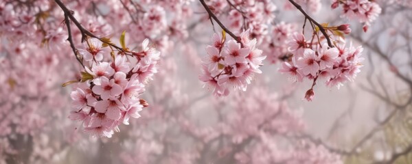 Obraz premium Delicate pink sakura petals drift against a softly blurred background of a blossoming sakura tree , soft, serenity