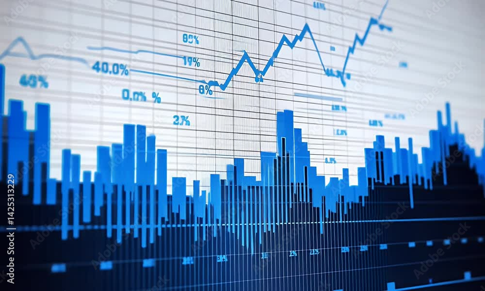 Poster a stock market graph with blue and red bar lines, showing an uptrending line chart. the background i