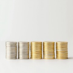 Stacks of Silver and Gold Coins on a Light Background