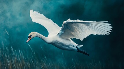 Obraz premium White swan in full flight with detailed wings against a dark backdrop