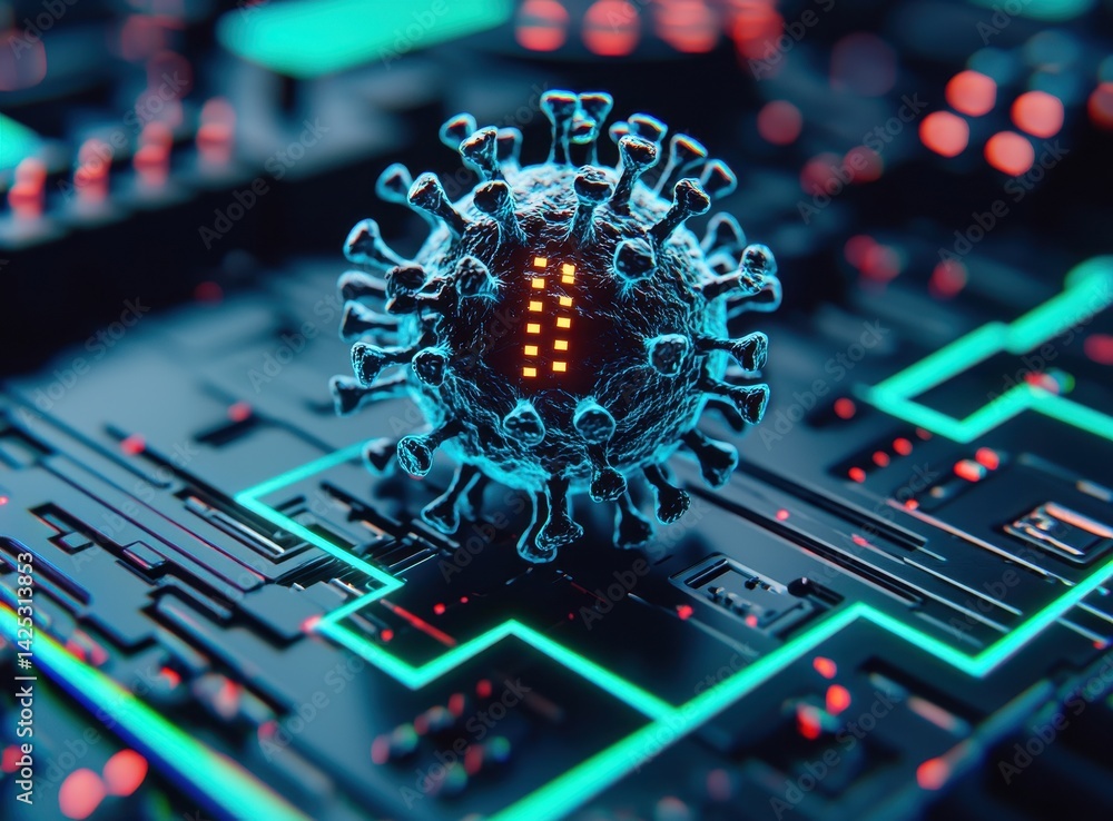 Poster digital representation of virus on circuit board background
