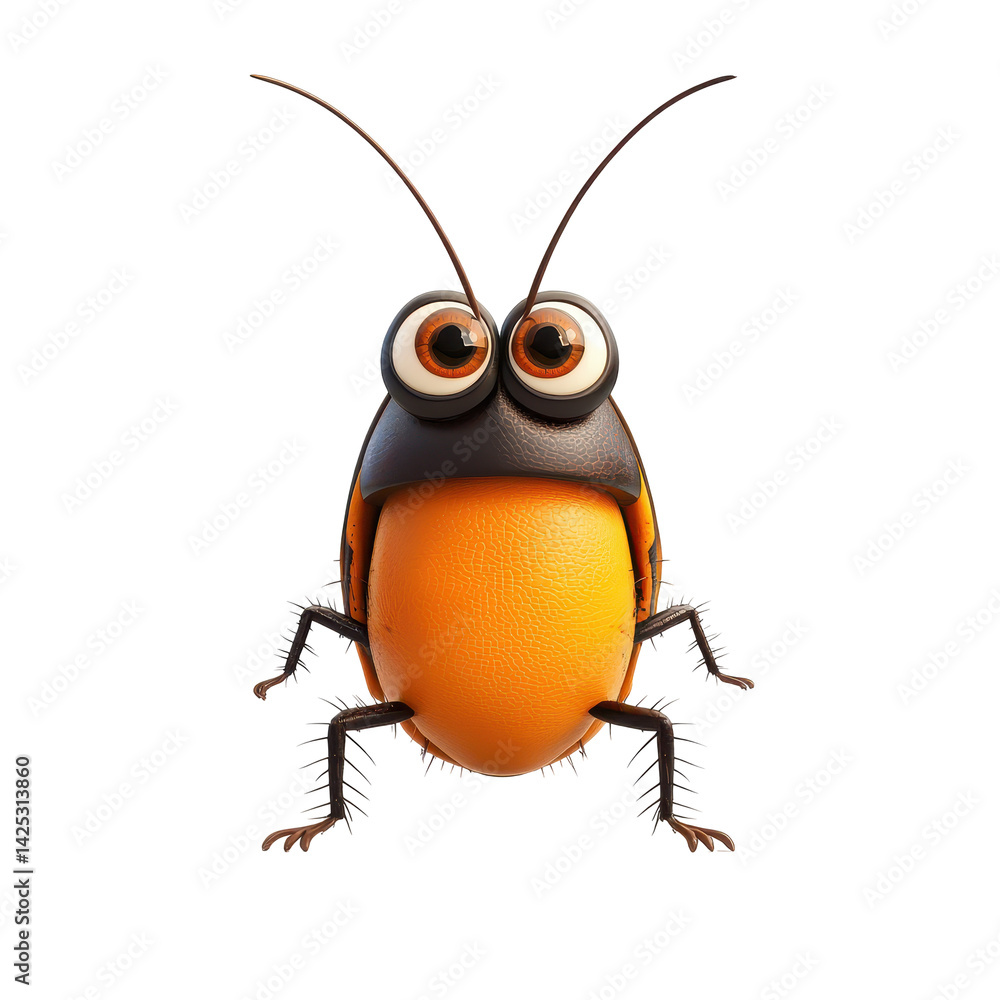 Poster colorful animated insect character with large eyes and cheerful expression in a playful design style
