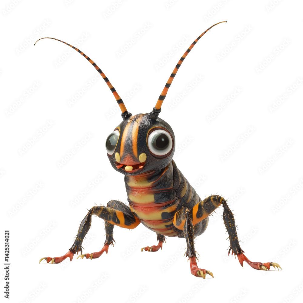 Poster character design of a colorful stylized insect with large eyes and distinct patterns in a whimsical 