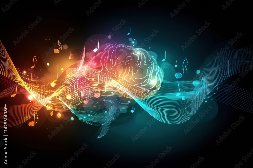 Poster vibrant brain icon radiating happiness with flowing music notes in a colorful design