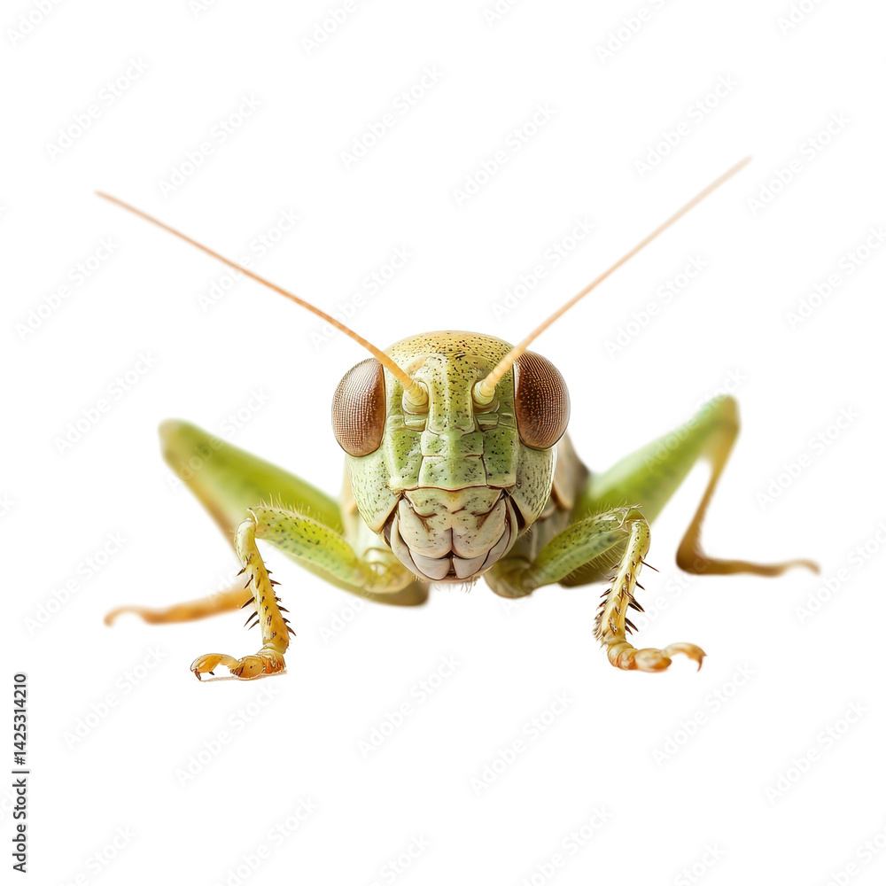 Poster close-up of a green grasshopper highlighting its intricate features and natural color pattern in a s