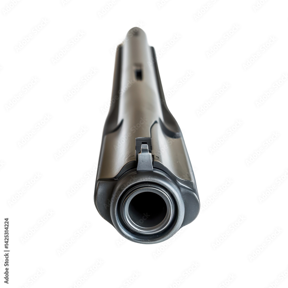 Poster detailed view of a modern firearm barrel showcasing design features and craftsmanship in a neutral s