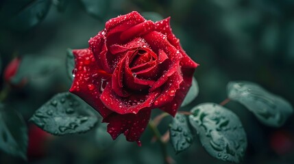 Velvety red rose, possibly 'Ingrid Bergman', glistening with raindrops amidst dark, dewy foliage. A classic symbol of love and beauty.