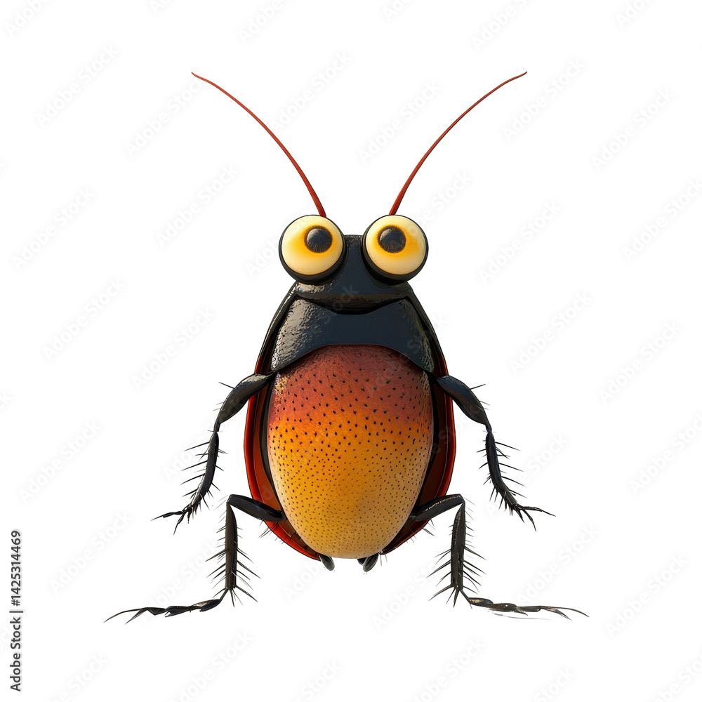 Poster cockroach character with large eyes and vibrant colors appears lively and animated in creative desig