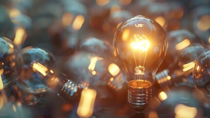 A glowing light bulb among unlit bulbs symbolizes innovative leadership in entrepreneurship