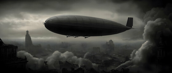 Naklejka premium Grim Zeppelin Over a War-Torn City