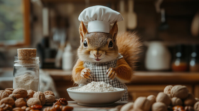Cute squirrel in chef hat and apron cooking in a cozy kitchen with nuts and flour