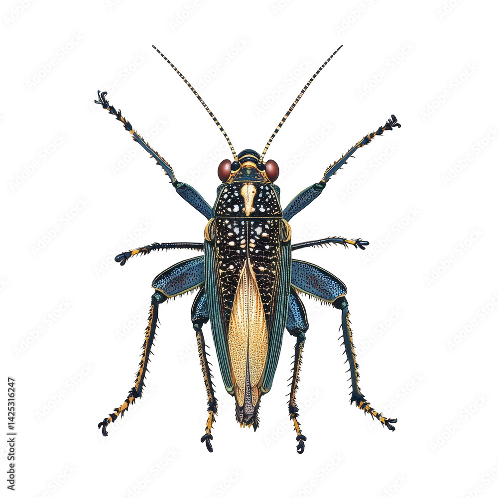 Poster detailed illustration of a colorful grasshopper displaying intricate patterns and features found in 