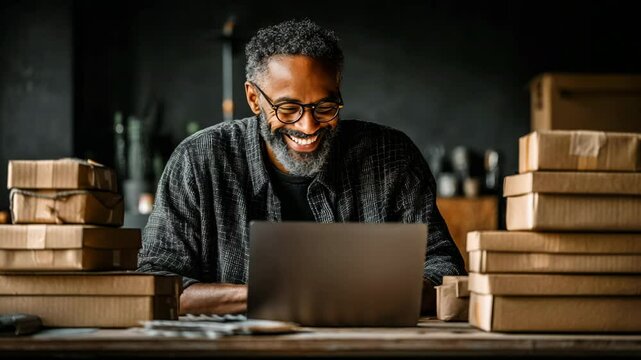 A man wearing a shirt is seen using a laptop and stacking cardboard boxes on a table, suggesting that this is a home workplace or small business. 
