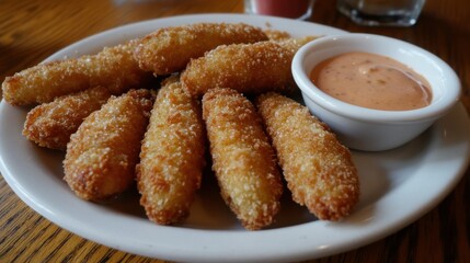 Golden fried mozzarella sticks with spicy dipping sauce on white plate