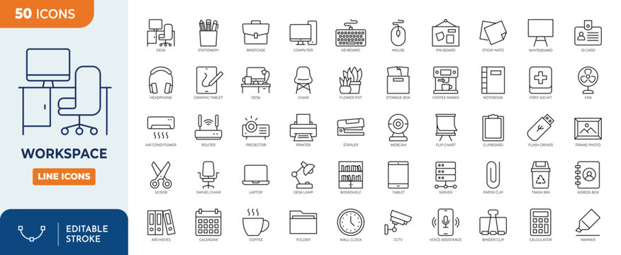 Workspace icon set. Contains  icons related to Workspace and office, coworking. Equipment and furniture. Outline Icon Collection. Vector illustration. Editable stroke	