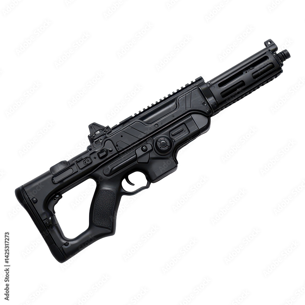 Poster high-performance tactical firearm displayed on a plain background during daylight hours