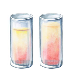 Set of two differently filled glasses with juice. Isolated watercolor illustration on the theme of a party for restaurant design, menu, printing on posters and fabrics.