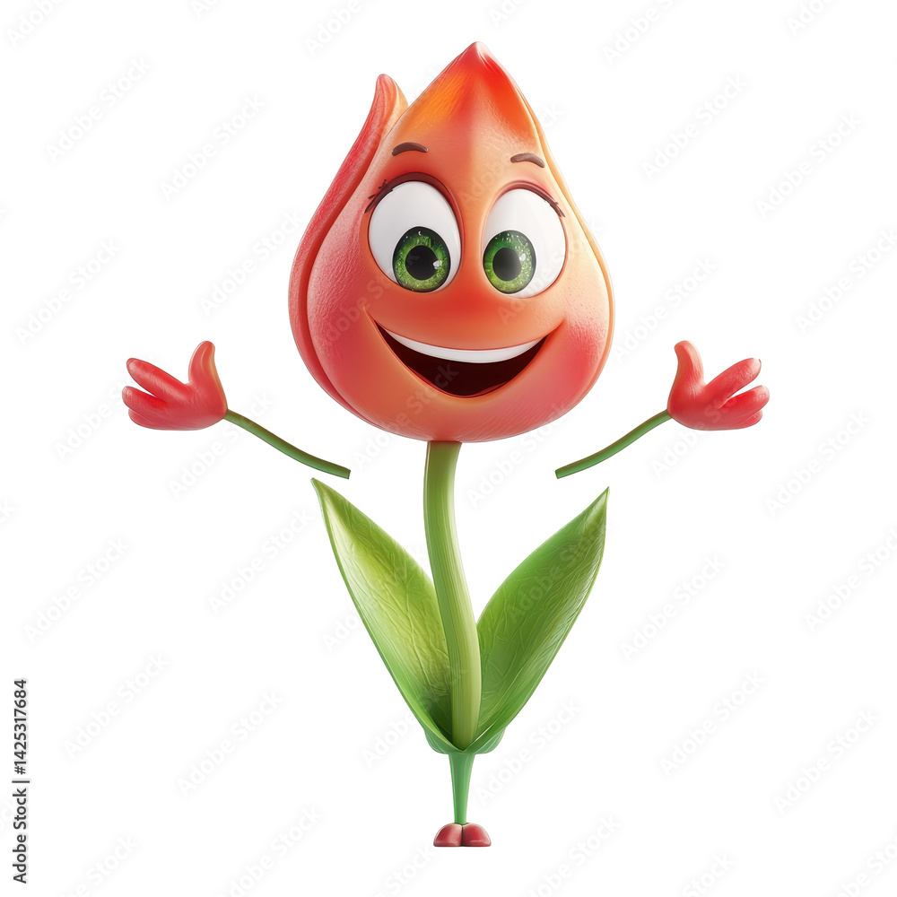 Poster Cheerful animated flower character with a smiling face and outstretched arms in a playful pose