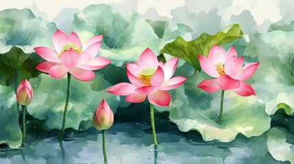 Watercolor painting of pink lotus flowers blooming in a pond with large green leaves.