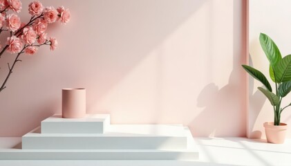 Obraz premium Sleek white platform, perfect for showcasing products Bright, empty space for design , empty, mockup, studio