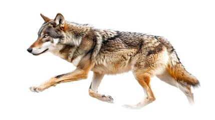 Obraz premium A lone wolf with a mix of brown, gray, and black fur walks purposefully against a clean white background. Wild and focused.