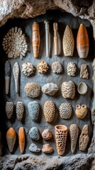 Ancient bone tools on stone, early hominin shadows in background, symbolizing prehistoric innovation.