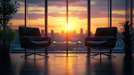 Sunset Cityscape View from Modern Office