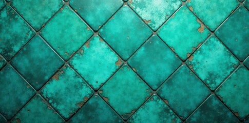 Fototapeta premium Distressed diamond tile backdrop, teal & green hues, exterior, texture