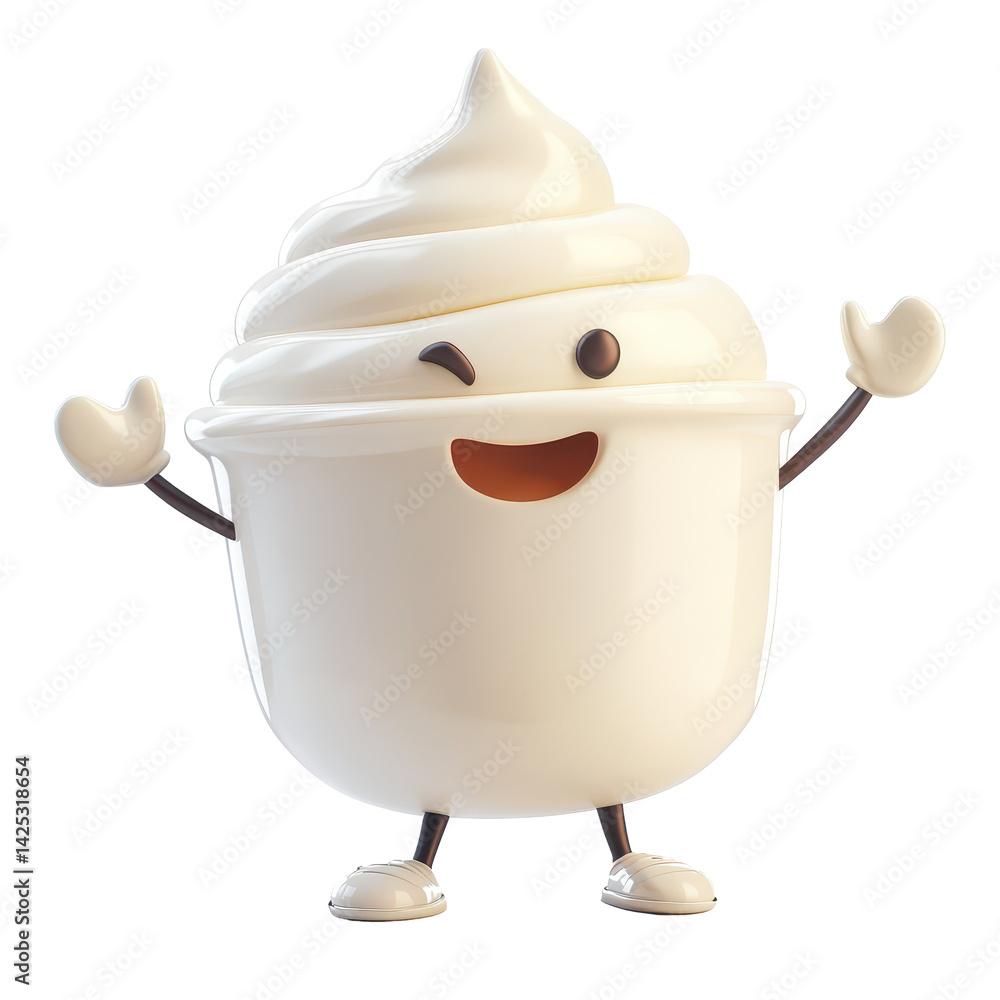 Poster whimsical character made of soft serve ice cream smiling happily in a playful manner