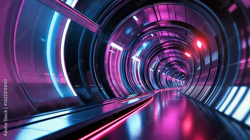Poster futuristic tunnel with glowing lights and moving walkway.
