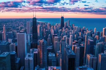 A breathtaking aerial view of a vibrant city skyline at sunset. showcasing towering skyscrapers and a golden hue illuminating the urban landscape