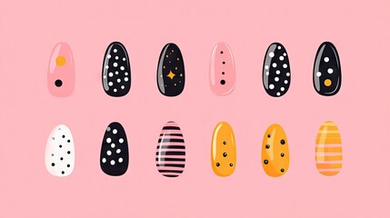 A vibrant display of colorful nail art featuring various patterns and designs. including polka dots and stripes. set against a soft pink background. ideal for beauty and fashion themes