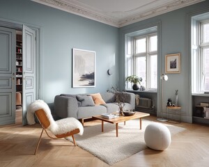 Fototapeta premium Cozy living room featuring a modern sofa, wooden coffee table, and natural light from large windows