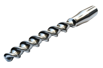Sleek metallic spiral auger precision engineered with a polished chrome finish against a stark black background High quality 3D rendering on transparent background
