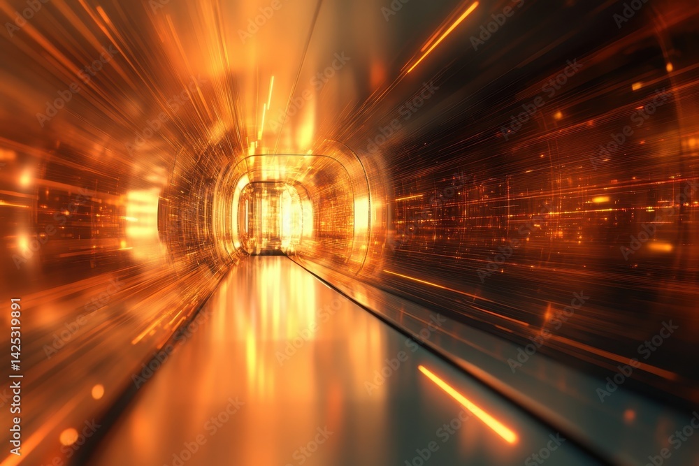 Poster a futuristic tunnel illuminated with vibrant orange and yellow lights, creating a surreal sense of m