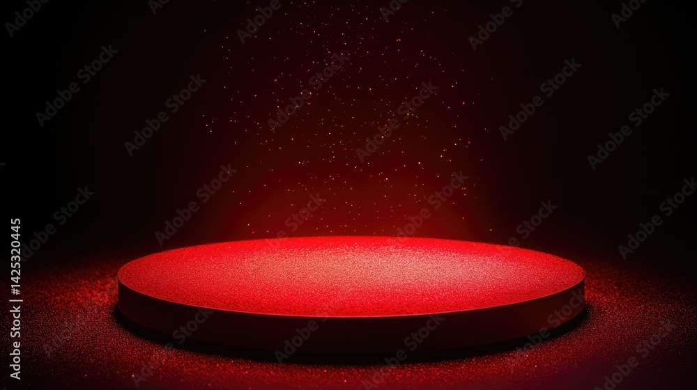 Poster a circular platform illuminated by a glowing red light in a dark environment. creating a dramatic at
