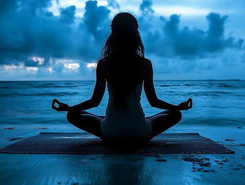 Woman Meditating Beach Sunrise - Powered by Adobe