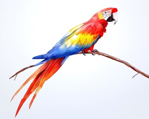 Fototapeta premium Collection set watercolor bold macaw parrot sitting on a bare branch with high contrast shadows white background detailed ink lines