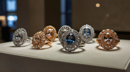 Jewelry diamond rings and necklaces show in luxury retail store window display,generative.ai
