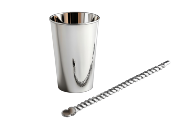 Elegant silver cocktail shaker and twisted bar spoon set perfect for sophisticated mixology gleaming metallic finish studio shot on black on transparent background