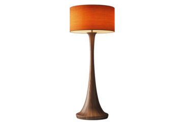 Elegant mid century modern floor lamp with a rich burnt orange shade and a sleek dark wood base isolated against a black on transparent background