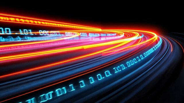 Digital Data Stream: A swirling vortex of vibrant light trails representing the rapid flow of binary code and digital information.