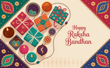 Raksha Bandhan Festive Gifts: A vibrant display of decorative elements and colorful gifts arranged with text that capture the spirit of Raksha Bandhan. Raksha Bandhan background